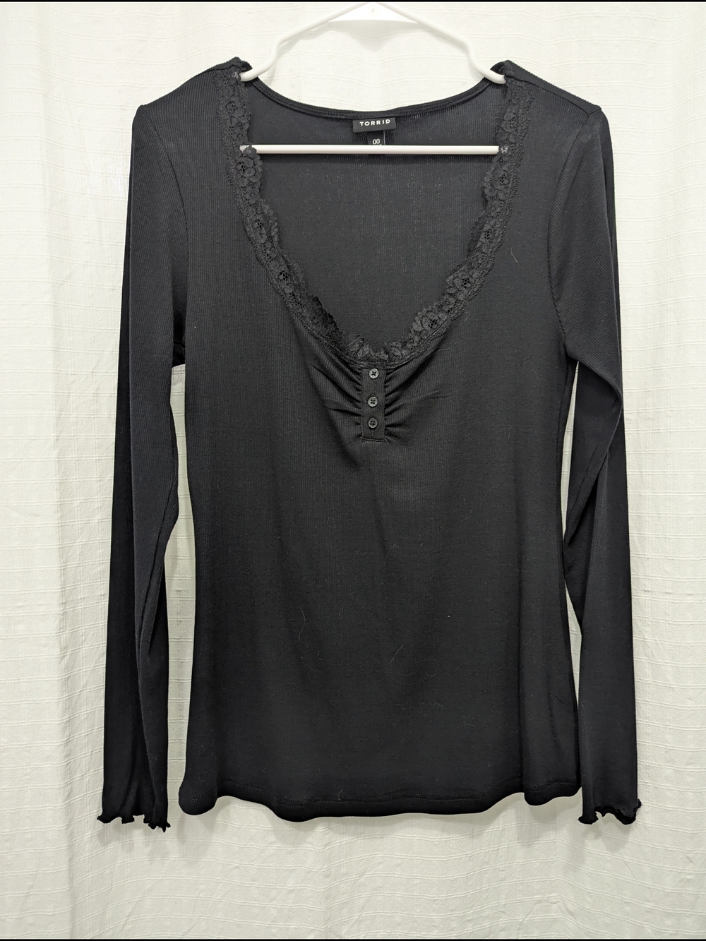 Torrid Black Lace-Trim Ribbed Long Sleeve Top